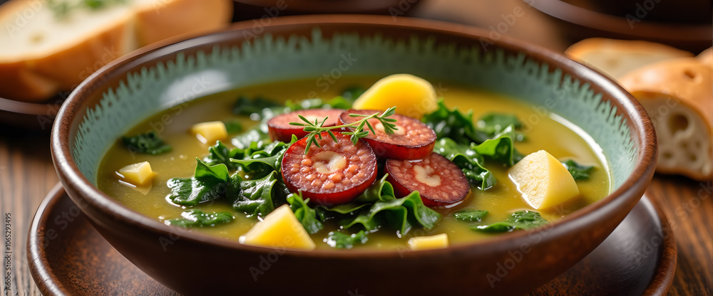 Delicious kale and sausage soup with potatoes and fresh herbs in rustic bowl, Caldo Verde Delicious kale and sausage soup with potatoes and fresh herbs in rustic bowl, Caldo Verde