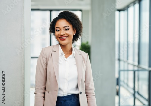 Free Download Businesswoman in a beige suit smiling and looking at the camera - GFXLoad