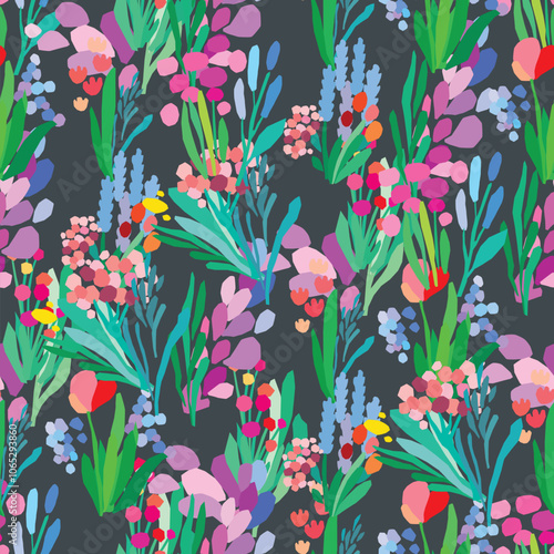 Seamless pattern of colorful flowers and leaves on a dark background. Floral textile print design. Vector wildflowers