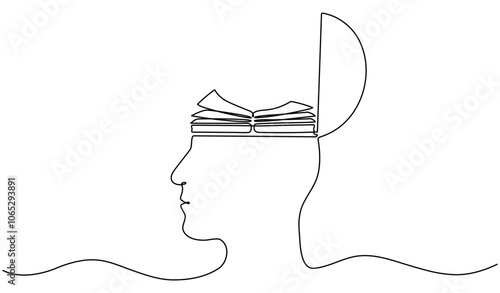Continuous line drawing open book inside head. Education linear symbol. Creative idea process concept. Vector illustration isolated on white.