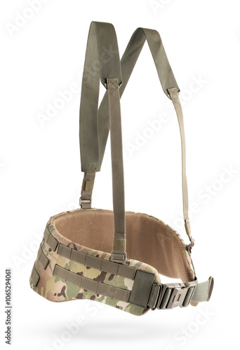 Tactical back support belt in multicam camouflage with removable flat straps. photo