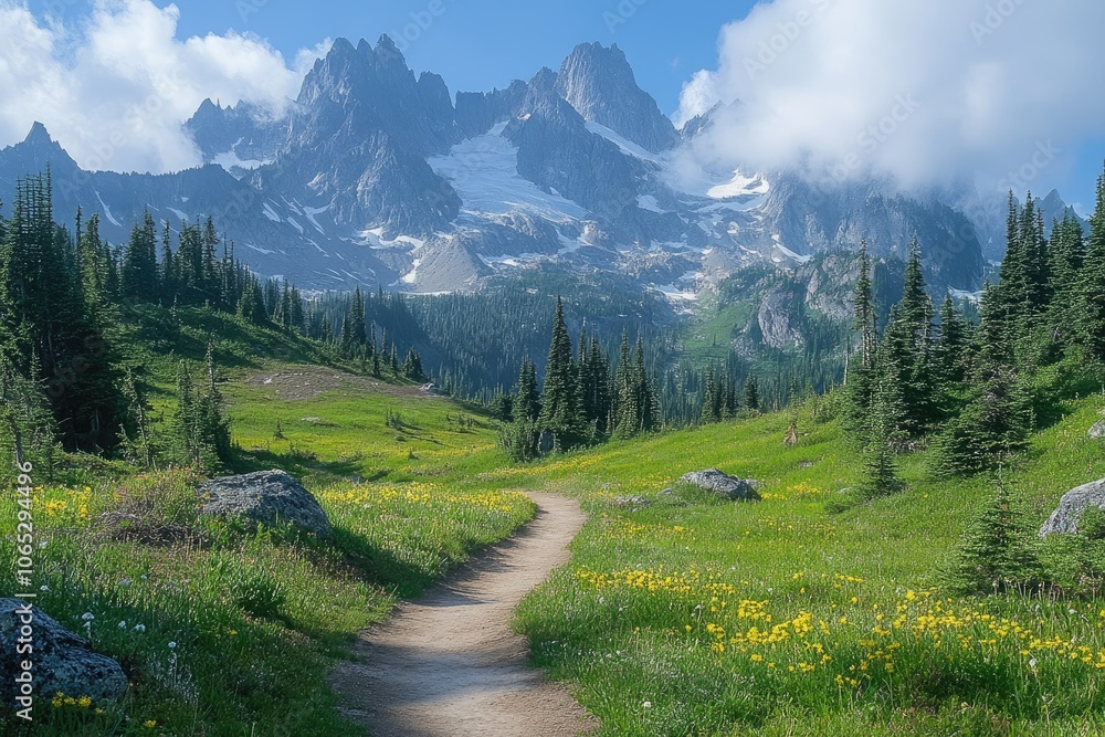 Fototapeta premium Hiking trail winding through wildflowers in majestic mountain meadow