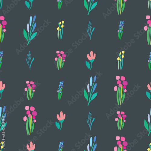 Seamless pattern of colorful flowers and leaves on a dark background. Floral textile print design. Vector wildflowers