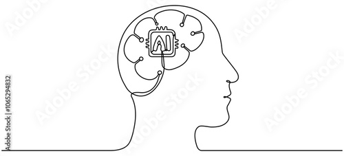 Linear robot head. Continuous line drawing head with artificial intelligence technology brain. Vector illustration isolated on white.