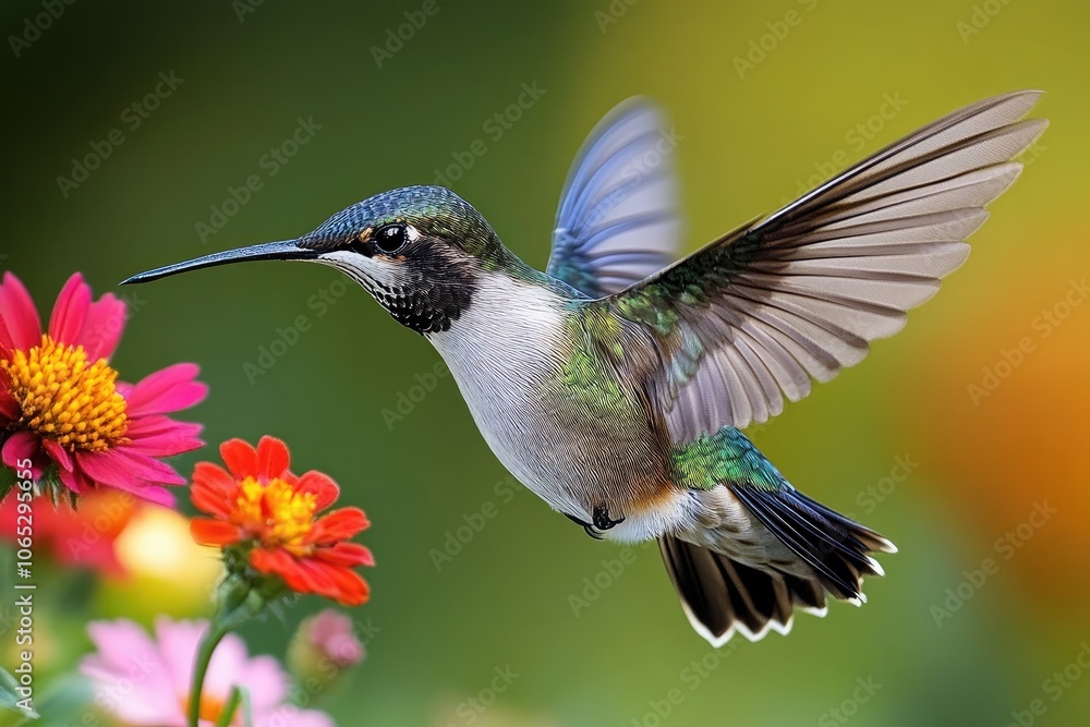 Obraz premium Hummingbird hovering and drinking nectar from colorful flower