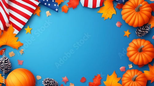 Colorful Autumn Frame with Pumpkins and Leaves