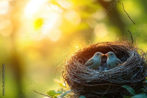 Two baby birds sitting in nest during golden hour sunlight photo