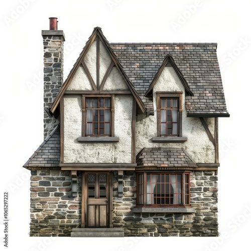 Quaint tudor style home featuring a stone chimney, bay window, and classic half timbered facade