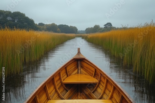 Wooden boat sailing on river through reedbeds in cloudy day photo