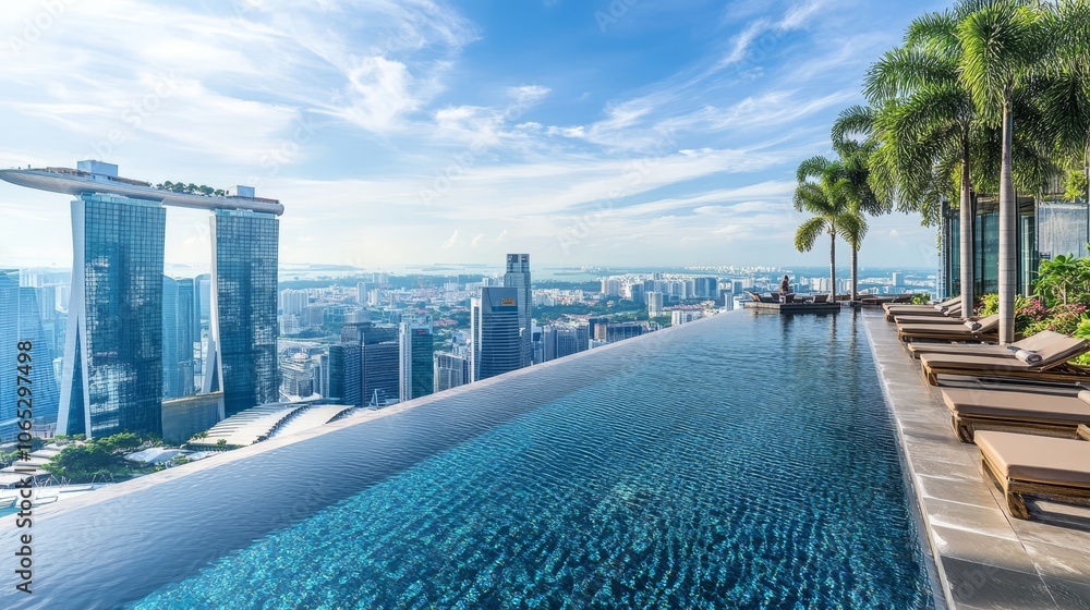 Fototapeta premium Infinity Pool with City View Against a Blue Sky in Urban Landscape