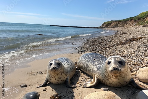 Two cute seals relaxing on the beach on a sunny day photo