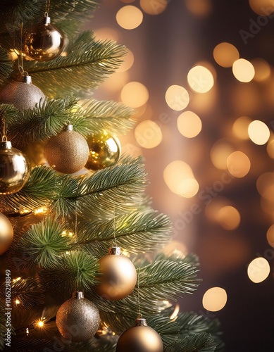 Christmas Tree With Baubles And Blurred Shiny Lights photo