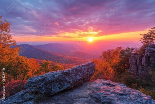 Vibrant sunset illuminating colorful autumn forest in shenandoah national park