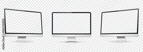 Realistic computer screen mockup. Computer display on three sides with empty screen isolated on transparent background