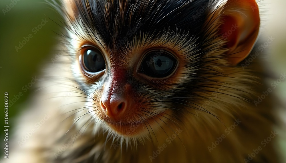 Fototapeta premium Detailed view of a marmoset featuring expressive eyes and a vibrant demeanor in its habitat