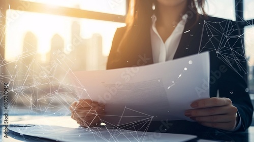 A close-up of a female leader in professional attire holding documents and reviewing them critically while seated at a stylish desk. The background shows city views through a modern window, captured