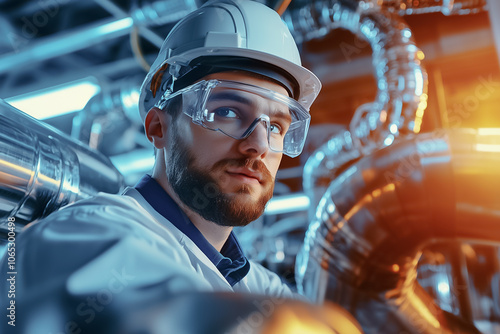 Wallpaper Mural A worker wearing protective gear examines machinery components in an industrial plant, ensuring safety and efficiency Torontodigital.ca