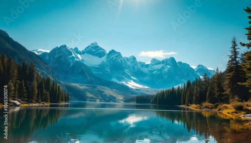 Majestic snow-capped mountains reflected in calm lake with dense pine forest and clear blue sky