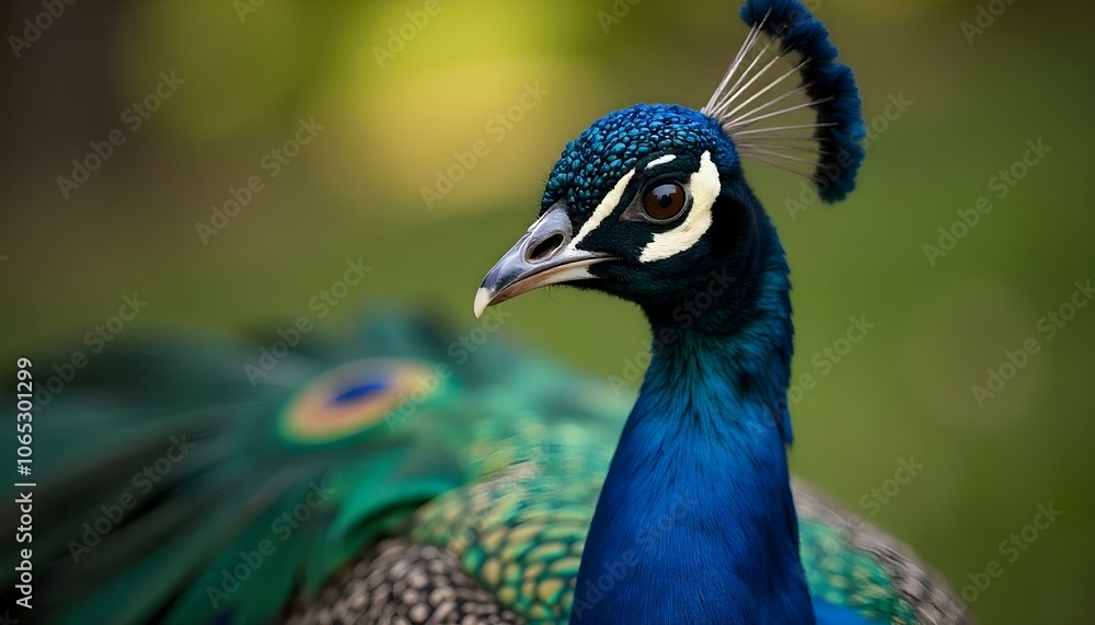 Obraz premium close-up vibrant blue peacock with its feathers partially spread against a blurred green background