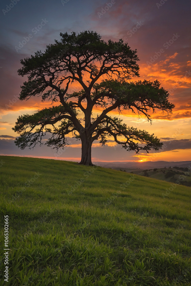 Fototapeta premium Sunset behind a lone tree on a grassy hill