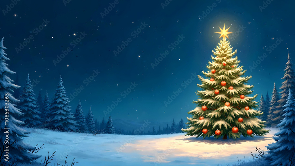 Obraz premium Christmas tree in the snowy forest on a moonlit night