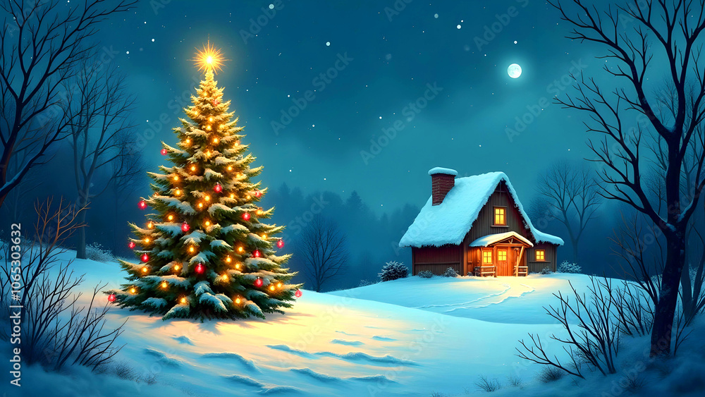 Fototapeta premium Christmas tree in the snowy forest on a moonlit night