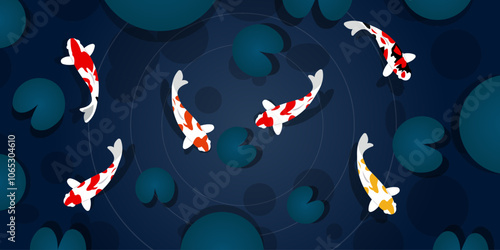 Blue pond with koi fish. Horizontal banner with place for text. Vector illustration.