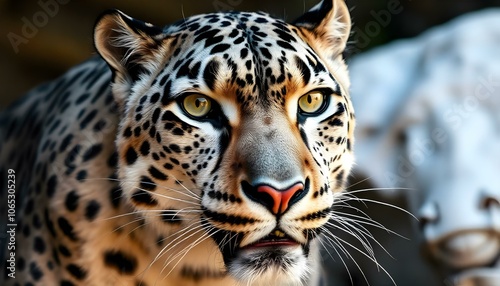 Close-up of snow leopard showcasing its piercing yellow eyes and spotted fur, revealing its elegance photo