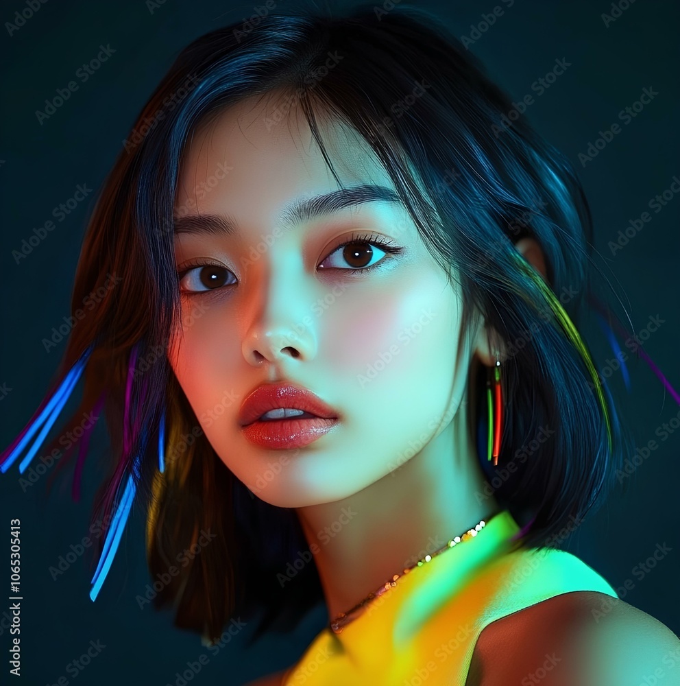 Obraz premium Young beautiful girl with unusual fluorescent highlights in her hair, hairstyle, stylized hairstyle. 