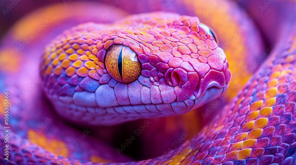 Fototapeta premium Close-up of a pink and orange snake with yellow eyes.