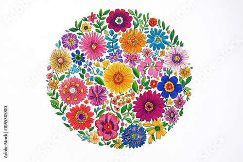 A round pattern of vibrant flowers and leaves in red blue pink and yellow tones arranged in a lively and colorful design on white
