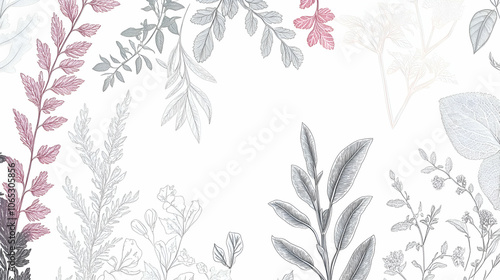 A simple design of various leaves and branches in shades of gray, white, and pink on a white background with copy space.