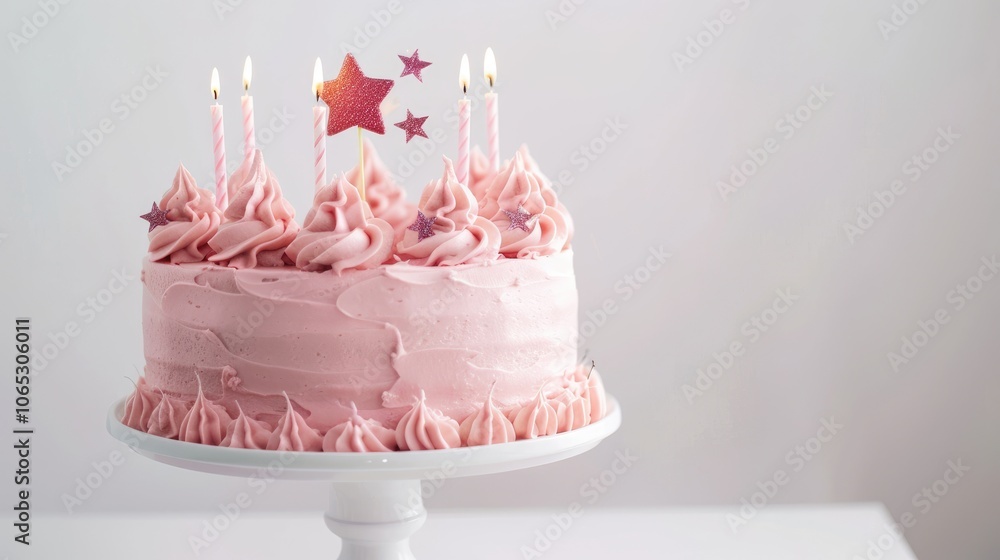 Pink birthday cake with star cake topper and candles on white ...