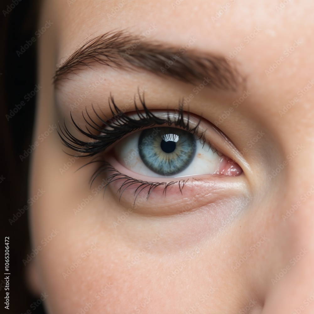 Fototapeta premium Close-up portrait of an alluring woman with a captivating blue eye and long lashes