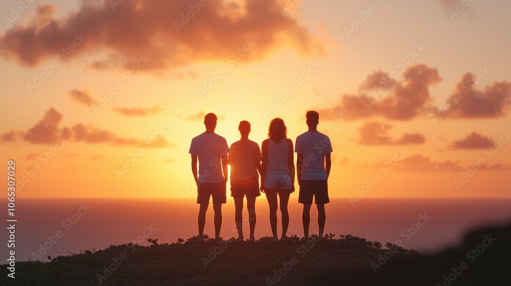 Fototapeta premium A group of four friends stands on a hilltop, silhouetted against a vibrant sunset over the ocean, capturing a moment of connection and tranquility.