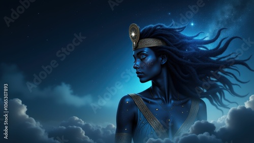 Nut, the Egyptian goddess, gazing into the distance with focus, crowned and adorned, embodying celestial power and wisdom