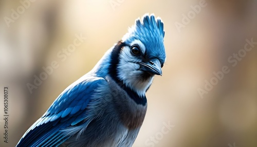 Close-up of male blue jay with bright blue feathers and distinctive crest resting on a branch photo