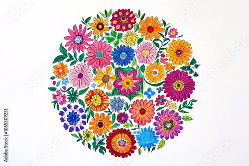 Vibrant circular pattern of colorful flowers in pink orange and blue shades creating a lively and artistic floral arrangement
