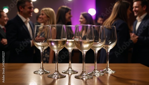 Cocktail party scene featuring businesspeople networking around wineglasses on a table photo