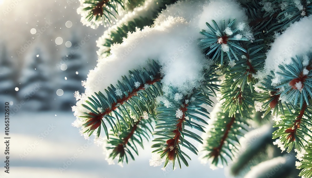 A close-up of a green pine tree branch covered with a layer of fresh white snow A close-up of a green pine tree branch covered with a layer of fresh white snow