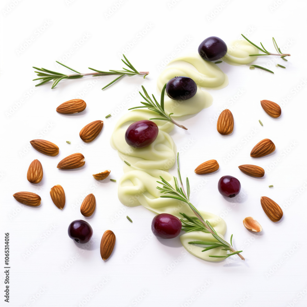Healthy Food Flat Lay with Avocado, Cranberries, Almonds, and Rosemary