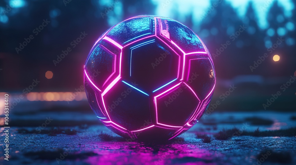 Naklejka premium Futuristic soccer ball illuminated with neon pink and blue lights