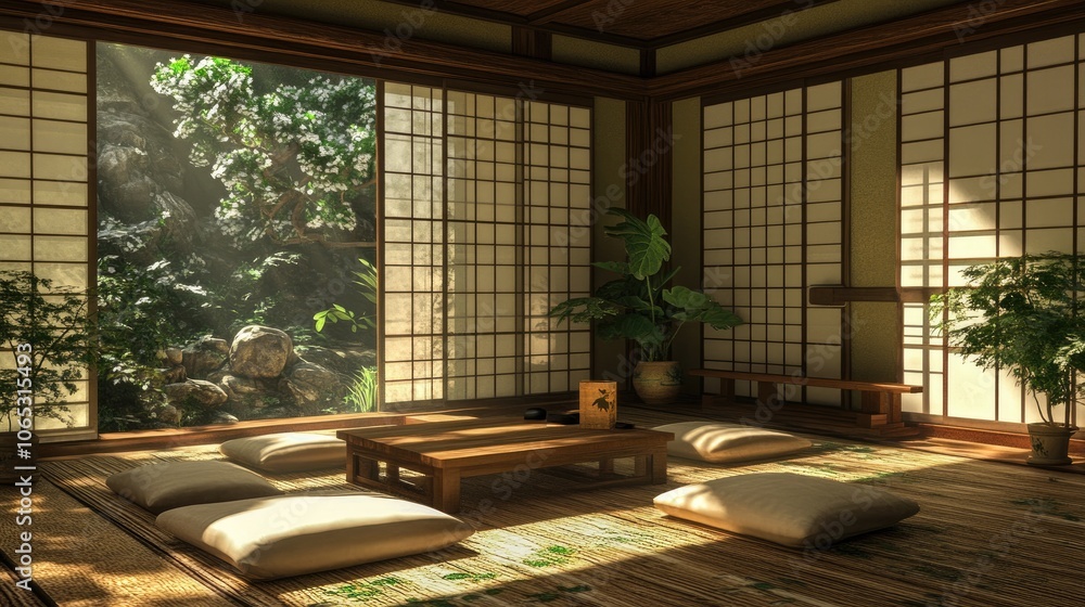 Fototapeta premium Elegant Japanese-style living room with low seating and shoji screens, conveying minimalist luxury in a natural setting.
