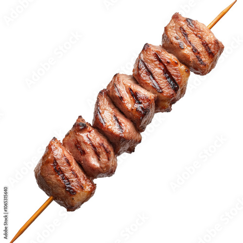 A skewer of meat is grilled and has a wooden stick