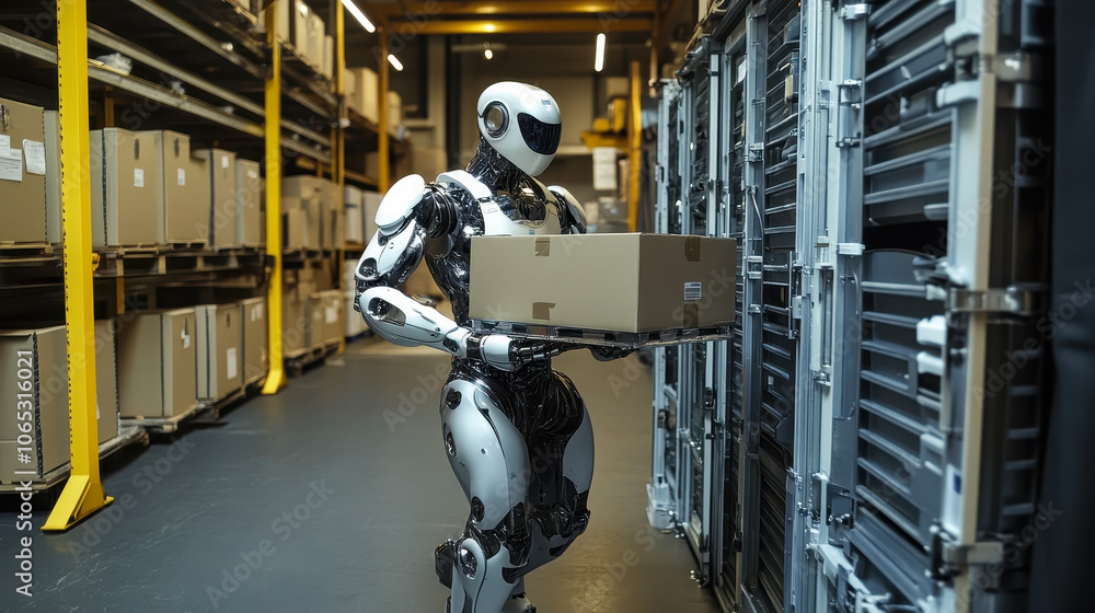 Fototapeta premium Advanced Humanoid Robot Assisting with Cargo Loading in Industrial Warehouse Setting