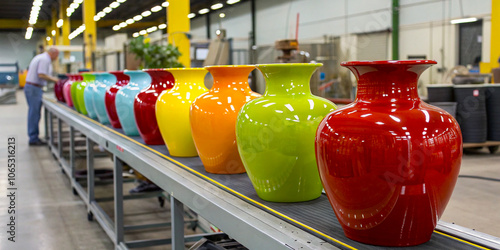 Brightly Colored Vases on a Conveyor Belt in a Factory Setting with Shiny Finish.