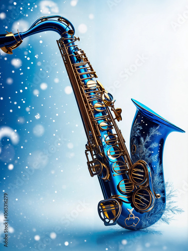 Blue saxophone. Saxophone covered with snowflakes. Christmas card