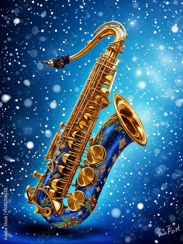 Blue saxophone. Saxophone in snowflakes. Music on Christmas Eve. Christmas card
