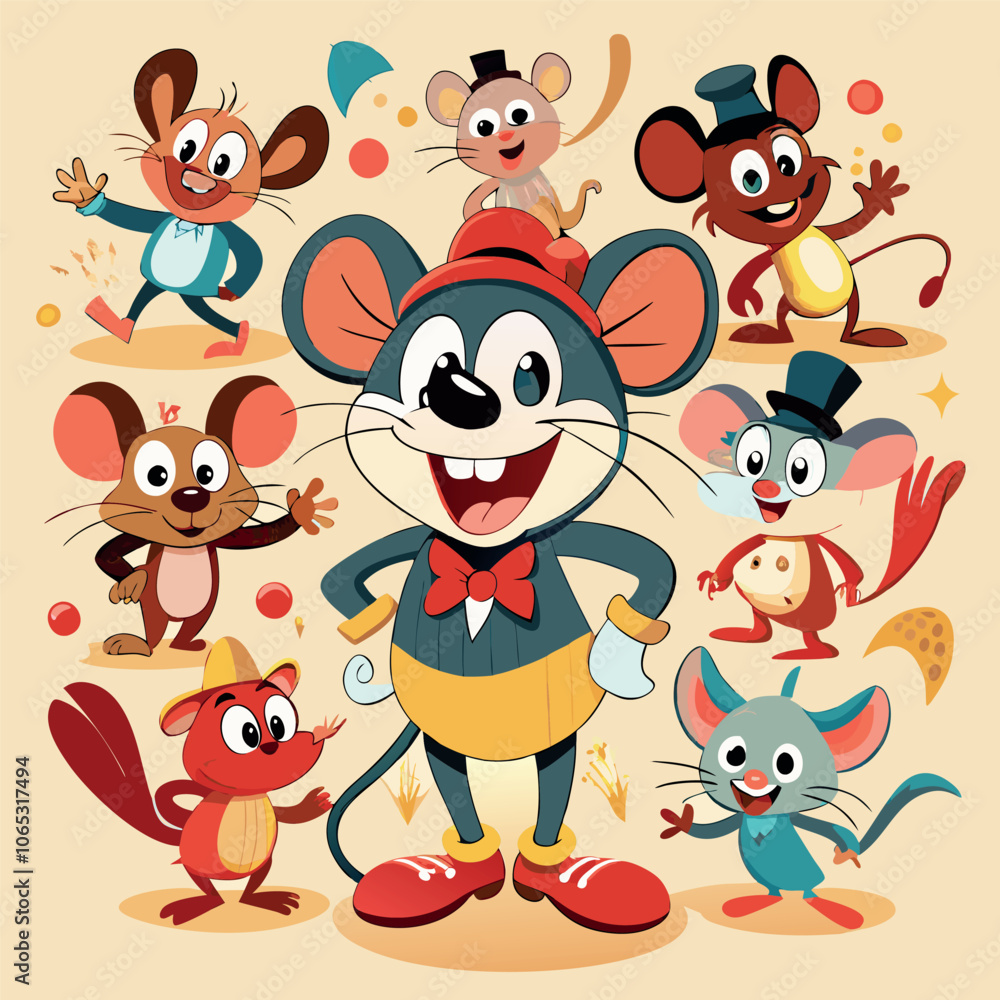 Fototapeta premium Classic Cartoon Mouse Character Stickers Collection Adorable Cartoon Mouse