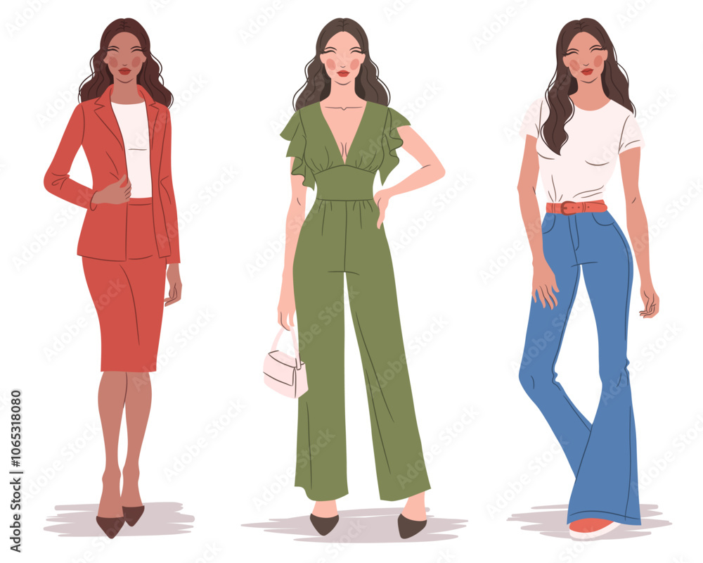Fototapeta premium Vector flat illustration of fashionable women in colorful outfits. Fashion models, isolated on a white background.